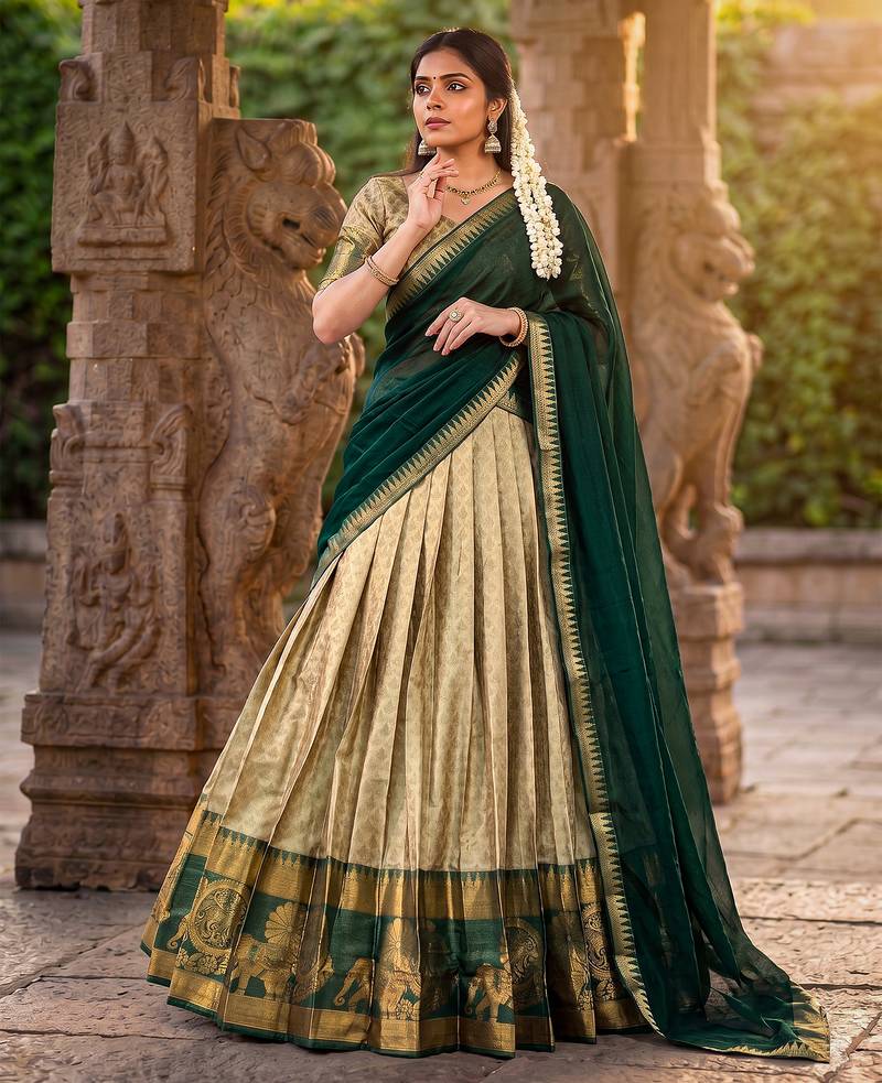 Women's South Indian Style Poly Cotton Zari Weaving Woven Lehenga Choli with Georgette Dupatta