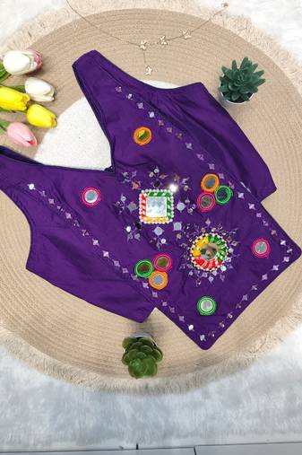 Purple navratri rayon silk blend mirror work blouse
