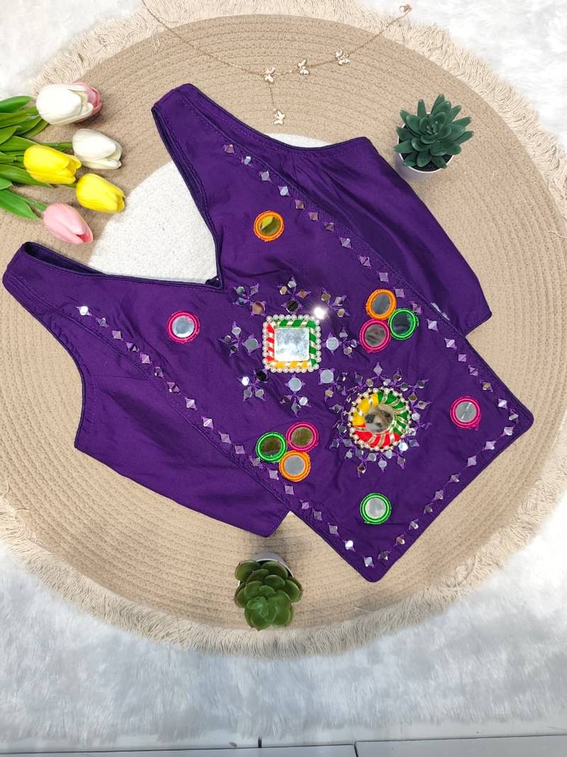 Purple navratri rayon silk blend mirror work blouse