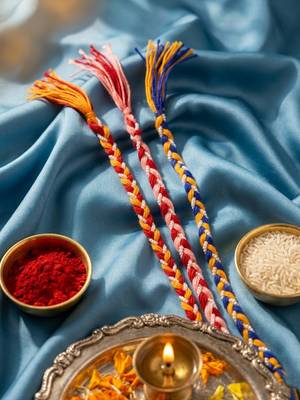 set of 3 multicolor thread rakhi with roli chawal chandan mishri 1