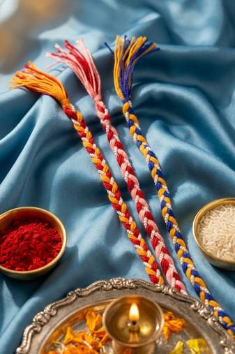 set of 3 multicolor thread rakhi with roli chawal chandan mishri