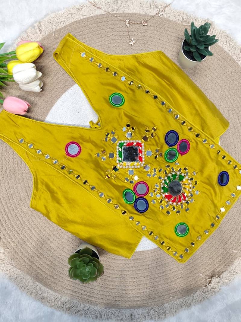Yellow navratri rayon silk blend mirror work blouse