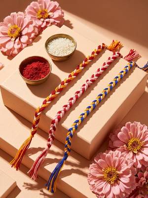 set of 3 multicolor thread rakhi with roli chawal chandan mishri 2