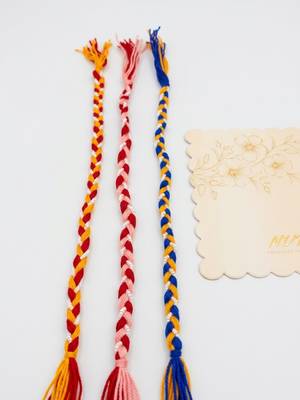 set of 3 multicolor thread rakhi with roli chawal chandan mishri 4