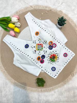 White navratri rayon silk blend mirror work blouse 2