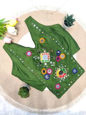 Green navratri rayon silk blend mirror work blouse 1