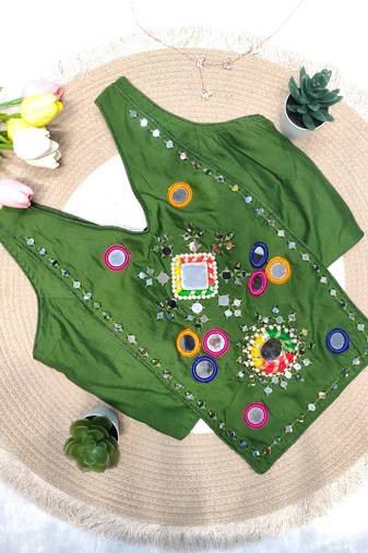 Green navratri rayon silk blend mirror work blouse