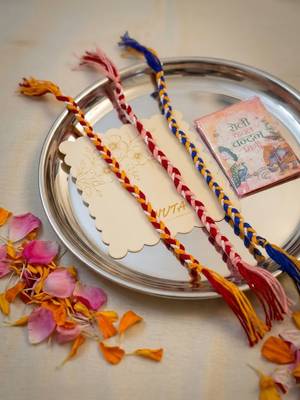 set of 3 multicolor thread rakhi with roli chawal chandan mishri 5