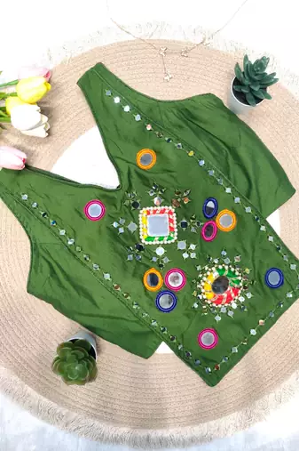 Green navratri rayon silk blend mirror work blouse
