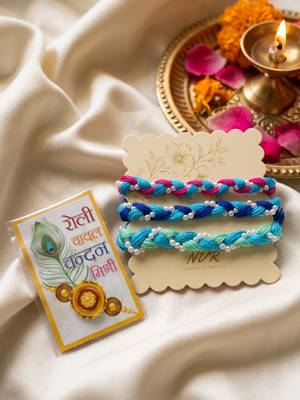set of 3 multicolor thread rakhi with roli chawal chandan mishri 1