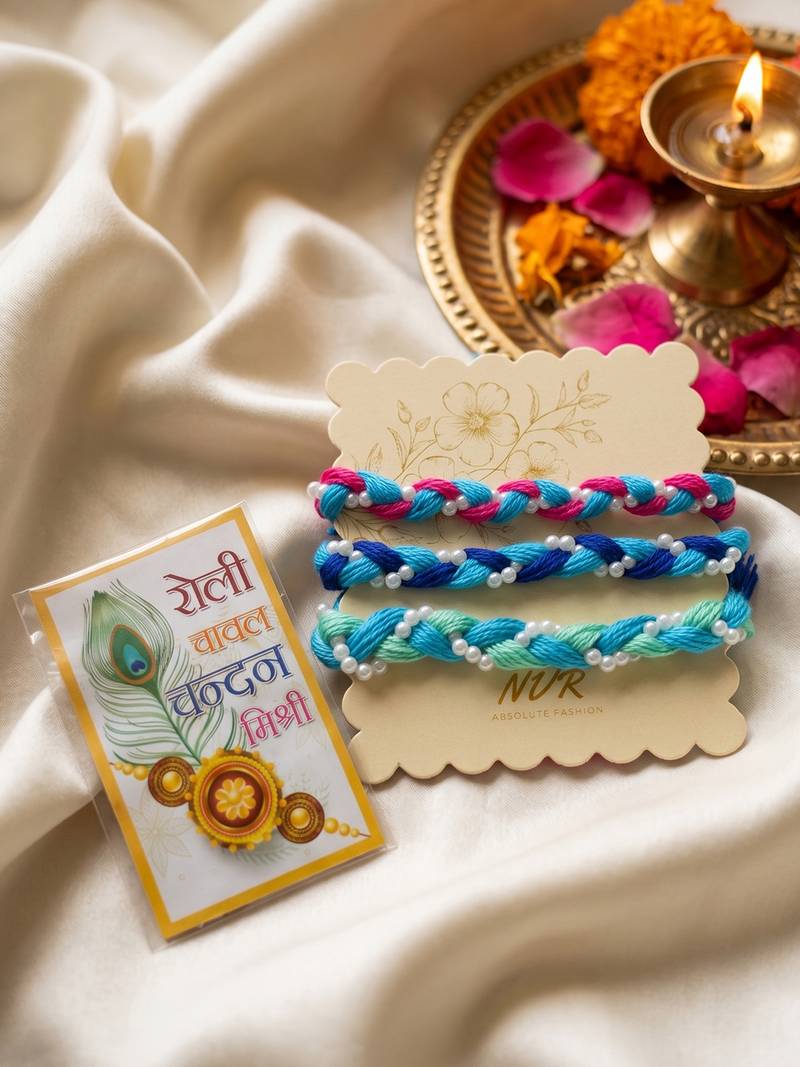 set of 3 multicolor thread rakhi with roli chawal chandan mishri