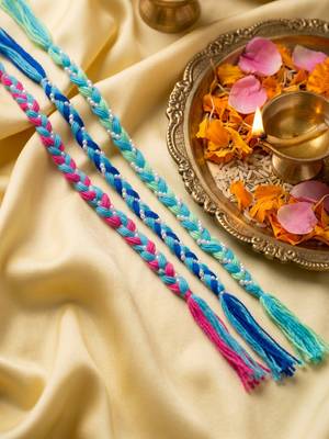 set of 3 multicolor thread rakhi with roli chawal chandan mishri 2