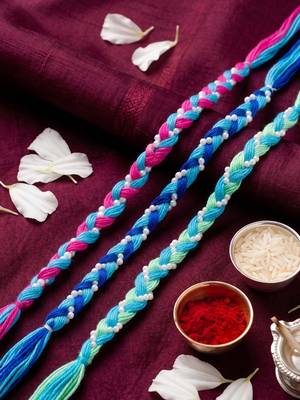 set of 3 multicolor thread rakhi with roli chawal chandan mishri 3