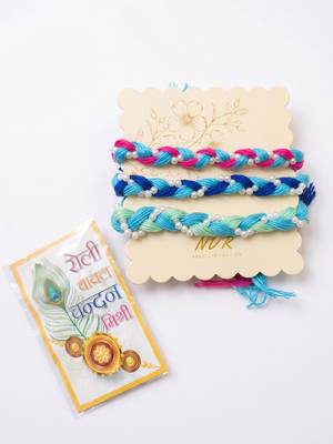 set of 3 multicolor thread rakhi with roli chawal chandan mishri 4