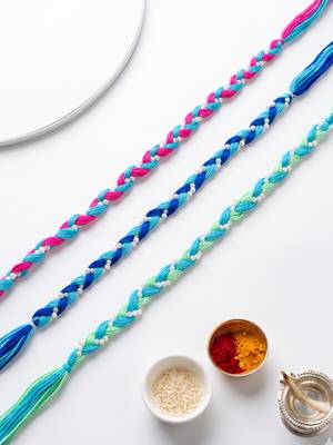 set of 3 multicolor thread rakhi with roli chawal chandan mishri 5