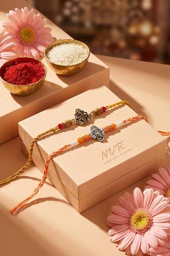 set of 2 multicolor religious thread rakhi with roli chawal chandan mishri