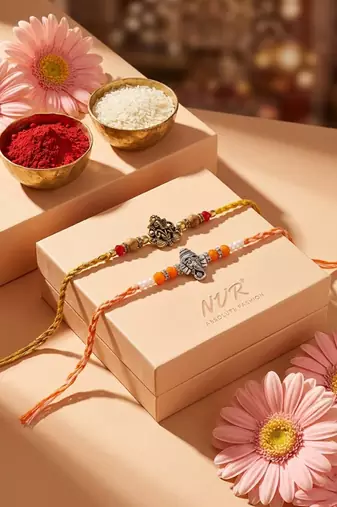 set of 2 multicolor religious thread rakhi with roli chawal chandan mishri