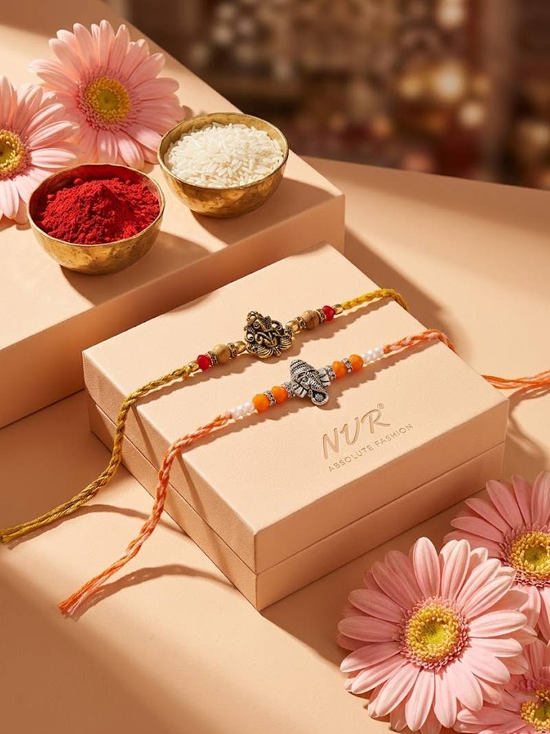 set of 2 multicolor religious thread rakhi with roli chawal chandan mishri