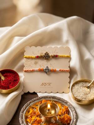set of 2 multicolor religious thread rakhi with roli chawal chandan mishri 2