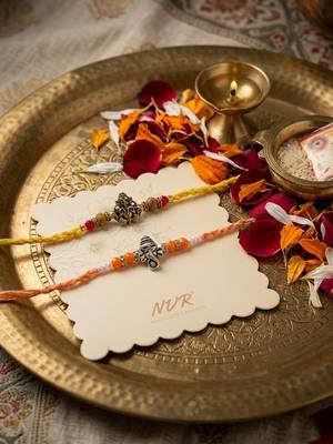 set of 2 multicolor religious thread rakhi with roli chawal chandan mishri 3