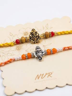 set of 2 multicolor religious thread rakhi with roli chawal chandan mishri 4
