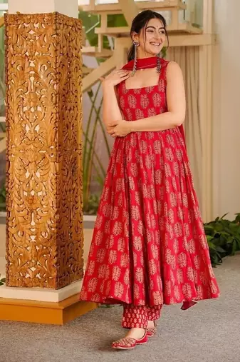 Floral printed muslin square neck red anarkali set