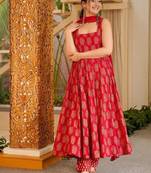 Floral printed muslin square neck red anarkali set
