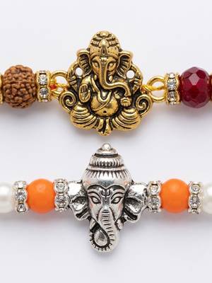 set of 2 multicolor religious thread rakhi with roli chawal chandan mishri 5