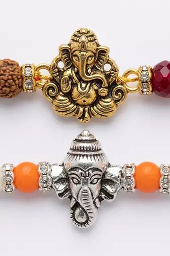 set of 2 multicolor religious thread rakhi with roli chawal chandan mishri