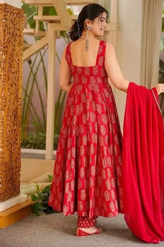 Floral printed muslin square neck red anarkali set