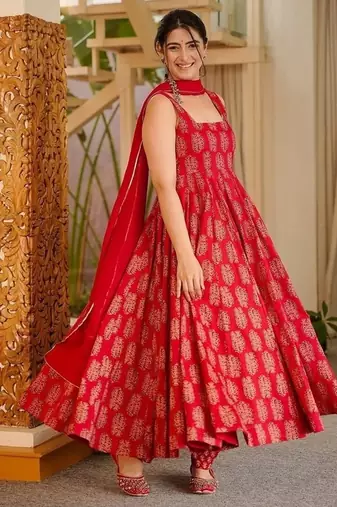 Floral printed muslin square neck red anarkali set