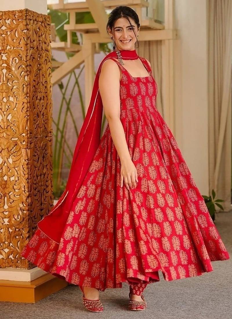 Floral printed muslin square neck red anarkali set