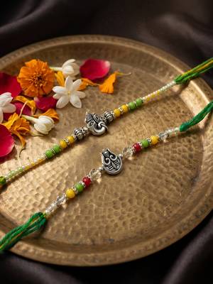 set of 2 multicolor religious thread rakhi with roli chawal chandan mishri 3