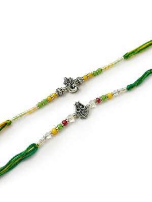set of 2 multicolor religious thread rakhi with roli chawal chandan mishri 5