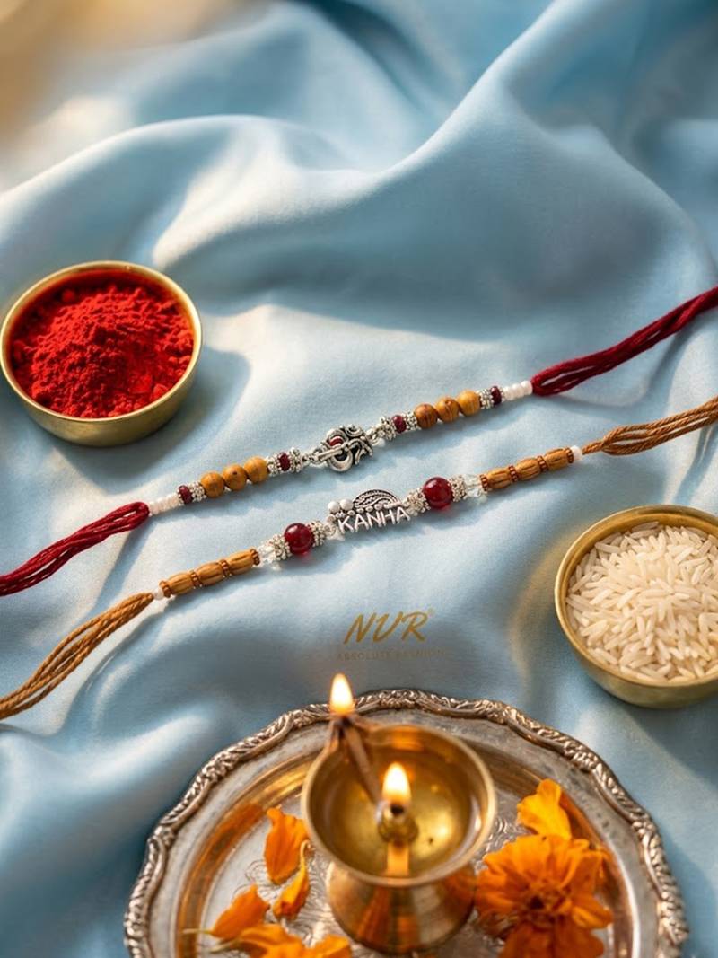 set of 2 silver toned religious rakhi thread rakhi roli chawal chandan mishri