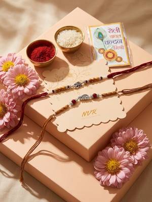 set of 2 silver toned religious rakhi thread rakhi roli chawal chandan mishri 2