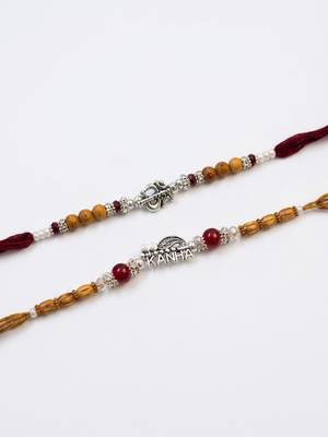 set of 2 silver toned religious rakhi thread rakhi roli chawal chandan mishri 5