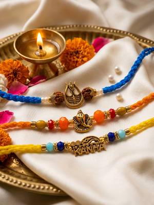 set of 3 rudraksh religious rakhi thread rakhi roli chawal chandan mishri 1