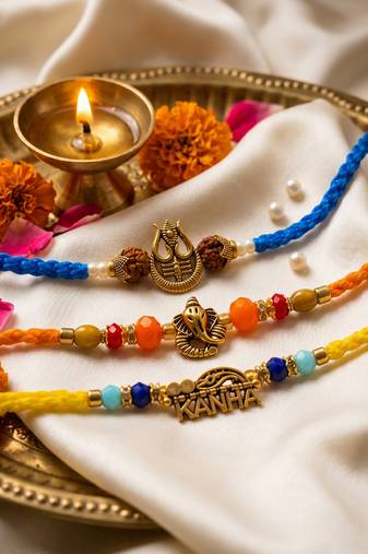 set of 3 rudraksh religious rakhi thread rakhi roli chawal chandan mishri