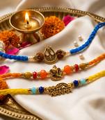 set of 3 rudraksh religious rakhi thread rakhi roli chawal chandan mishri