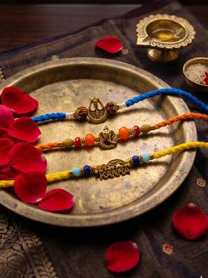 set of 3 rudraksh religious rakhi thread rakhi roli chawal chandan mishri 2