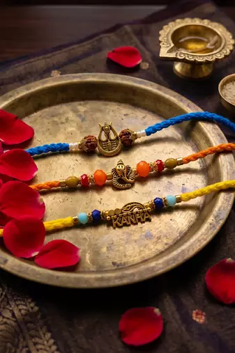set of 3 rudraksh religious rakhi thread rakhi roli chawal chandan mishri