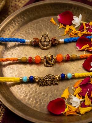 set of 3 rudraksh religious rakhi thread rakhi roli chawal chandan mishri 3