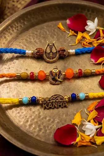 set of 3 rudraksh religious rakhi thread rakhi roli chawal chandan mishri