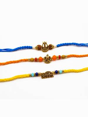 set of 3 rudraksh religious rakhi thread rakhi roli chawal chandan mishri 4