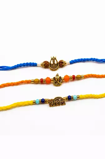 set of 3 rudraksh religious rakhi thread rakhi roli chawal chandan mishri