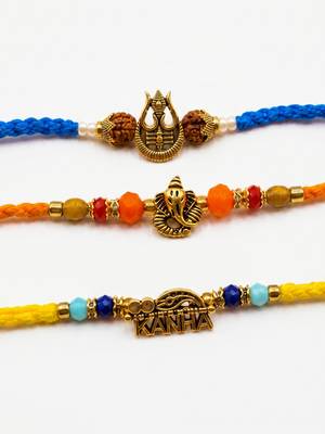 set of 3 rudraksh religious rakhi thread rakhi roli chawal chandan mishri 5