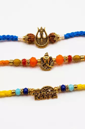 set of 3 rudraksh religious rakhi thread rakhi roli chawal chandan mishri