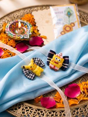 set of 2 pikachu design kids rakhi with roli chawal chandan mishri 1