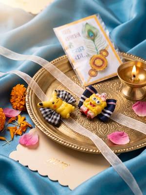 set of 2 pikachu design kids rakhi with roli chawal chandan mishri 2